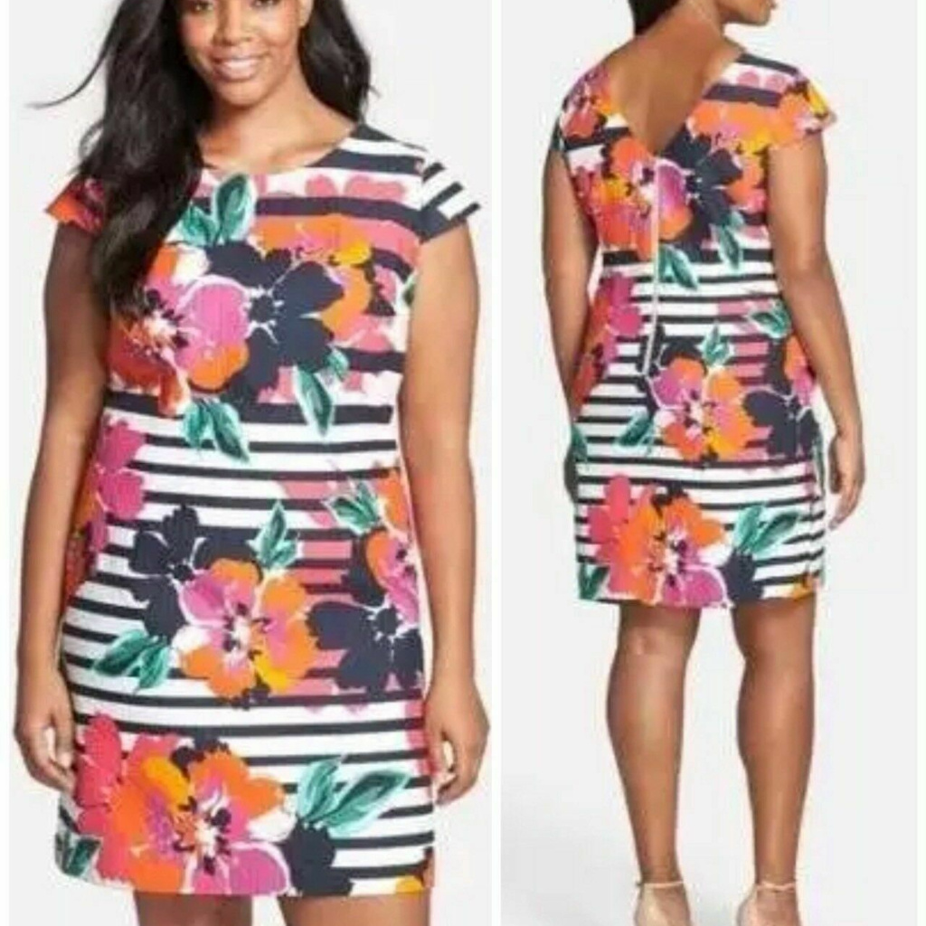 Eliza J 10 12 Multi Color Floral Blue Stripe Dress